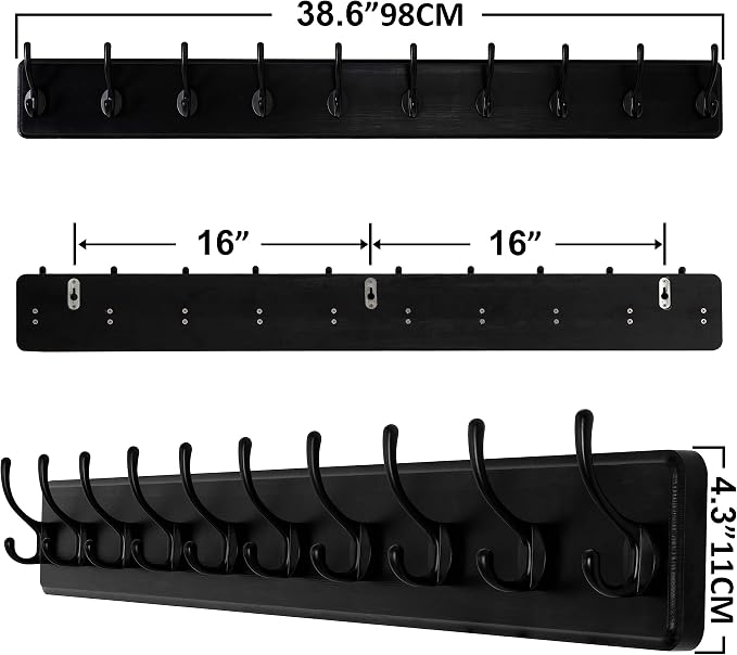 SKOLOO Rustic Wall Mounted Coat Rack, Case of 2, Pine Solid Wood Coat Hook Hanger - 10 Hooks for Hanging Clothes Robes Towels Coats - Image 5