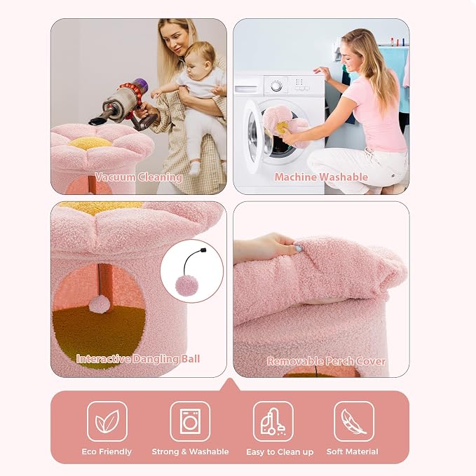 PETEPELA Cat Beds for Indoor Cats, Small Cute Cat Tree House with Removable Flower Cat Bed, Cat Hideaway, Indoor Cat House Condo, Cat Accessories, 20X20X16 Inches, Pink - Image 4