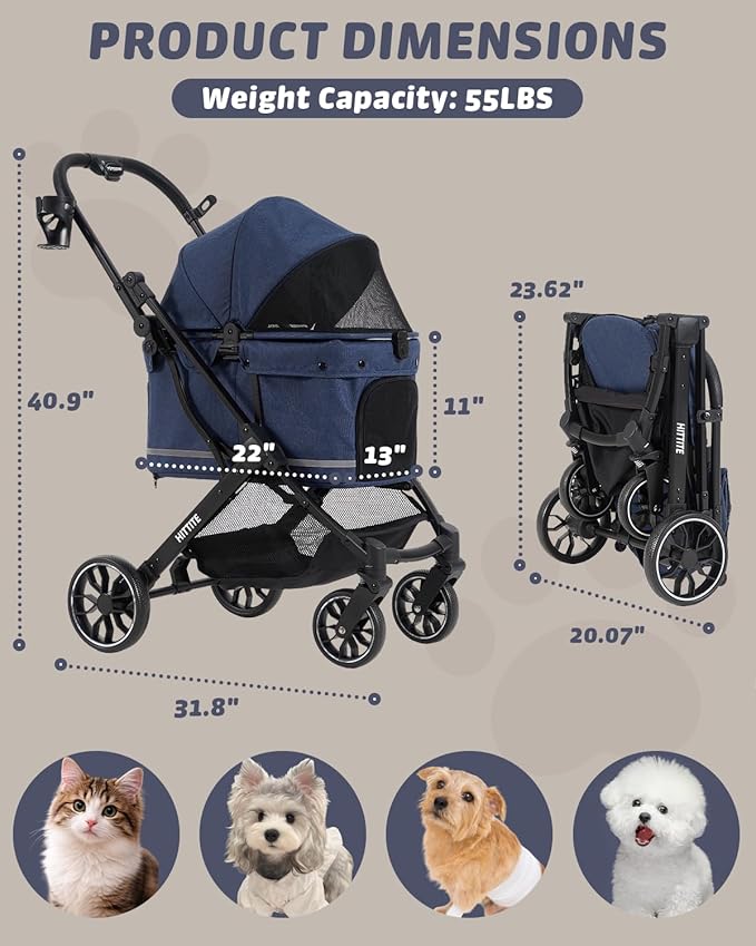 HITTITE Pet Stroller with Weatherproof Cover, All-Terrain 4-Wheel Cat & Dog Stroller with Adjustable Canopy, Foldable Dog Strollers with Storage Basket for Small to Medium Dogs Up to 55 lbs.