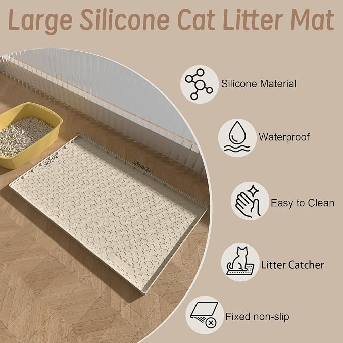 Large Cat Litter Mat 34"x22", Cat Litter Trapping Mat For Litter Box, Silicone Pet Feeding Mat With Raised Edges Waterproof, Beige - Image 2