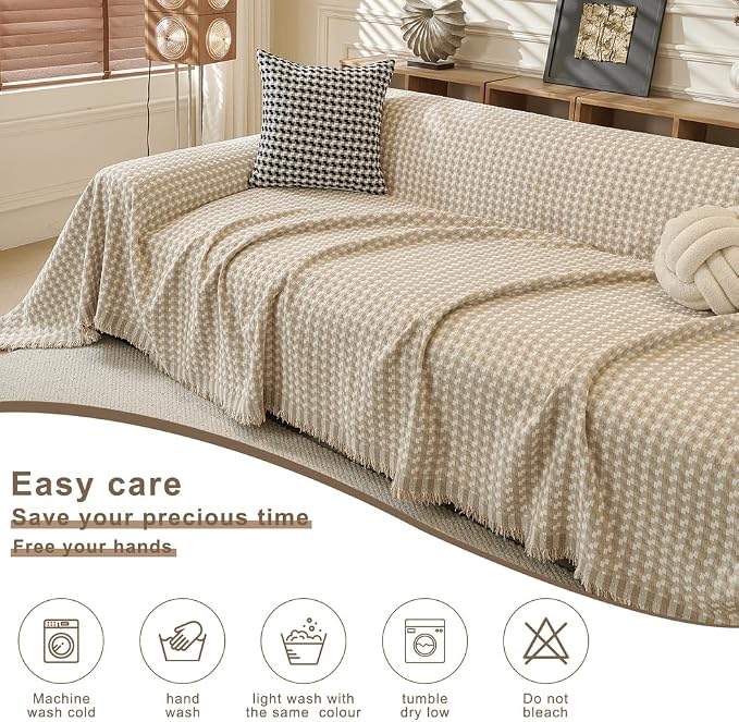ROOMLIFE Thicked Checkered Boho Khaki Couch Cover for 2-3 Cushion Sofa, Chenille Sofa Slipcovers Sectional Sofas Covers for Dog, Non Slip Washable Furniture Protector Soft with Tassel 71''X150'' - Image 4