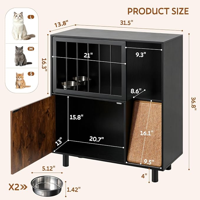 Dog Proof Cat Feeding Station with Storage Cabinet& 2 Stainless Steel Bowls, Elevated Cat Food Station with Scratching Board, Modern Wooden Cat House Furniture for Indoor Cats, Large Pet Cabinet - Image 8