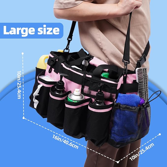 Large Cleaning Caddy, Professional Wearable Supplies Bag for Housekeepers, House Cleaners, and Car Detailing - Organizer Tote With Handle, Pink - Image 3