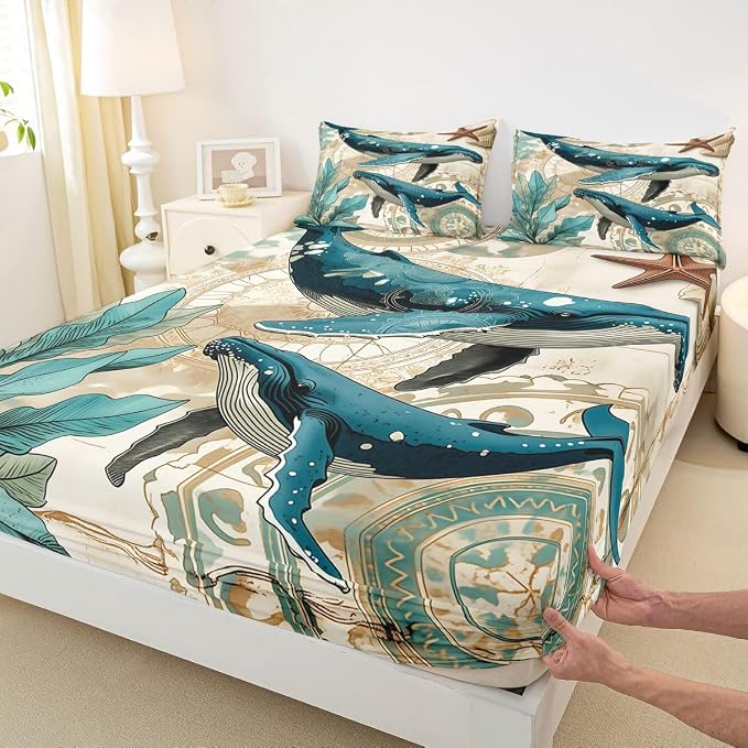 Erosebridal Ocean Whale Sheet Set Kids Boys Girls Nautical Bedding Children Coastal Sea Animal Bed Sheet Set,Soft Home Cozy Microfiber Bed Set-3pcs (1 Fitted +1 Flat+1 Pillowcases),Twin,Teal Brown - Image 3