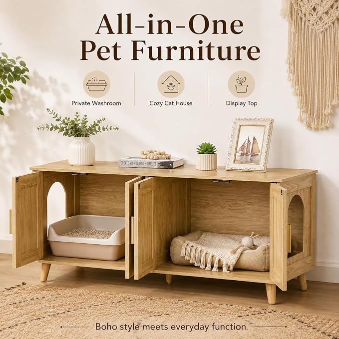 Homhedy Boho Cat Litter Box Enclosure for 2 Cats, Natural | Hidden Litter Box Furniture with Double Rattan Decorated Doors, Cat Washroom, Cat House, Dog-Proof, TV Stand - Image 4
