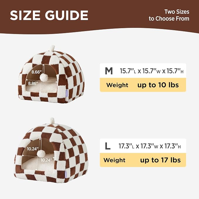 Lesure 2in1 Cute Cat House for Kitten with Washable Cushioned Pillow,17.3in | Cat Beds for Indoor Cats,Small Pet Cave Tent,Cozy Enclosed Foldable Hideaway,Fluffy Ball,Anti Slip Bottom,Hand Strap,Brown - Image 4