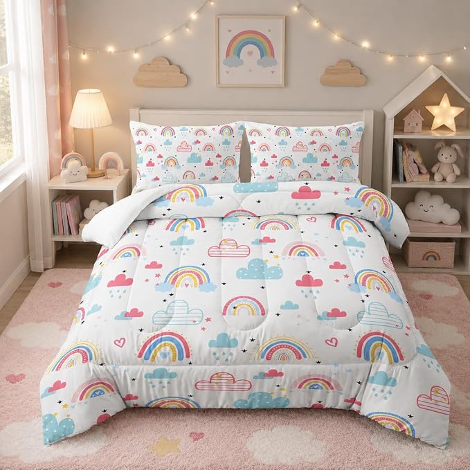 Nttopship Rainbow Comforter Sets Comfort Full Size， Bedding Sets for Kids,Kawaii Clouds and Rainbows Comforter Sets All Season 1 Comforter and 2 Pillowcases by Nttopship