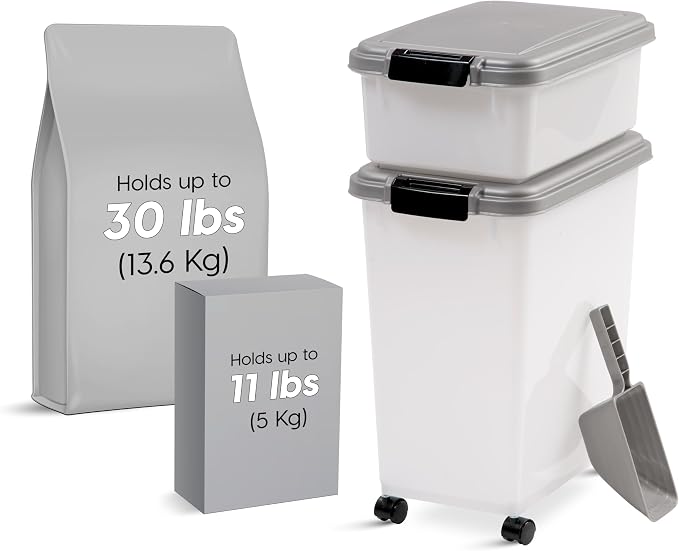 IRIS USA 30 lbs & 11 lbs Combo Airtight Dog Food Storage Container, Stackable Treat Box, 2-Cup Scoop, Wheels, Keep Fresh, Easy Mobility, Silver - Image 2
