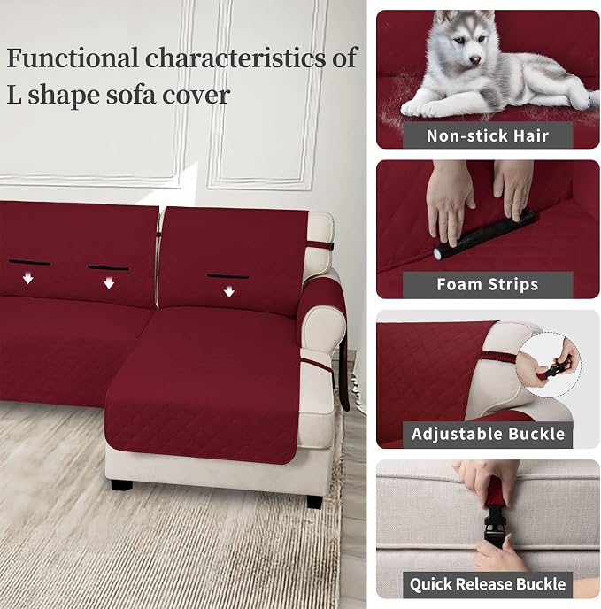 Easy-Going Waterproof Sectional Couch Covers with Chaise 2-Piece Non Slip L Shape Sofa Cover for Dogs Leakproof Furniture Protector Cover with Adjustable Strap for Pets (Small, Christmas Red) - Image 3