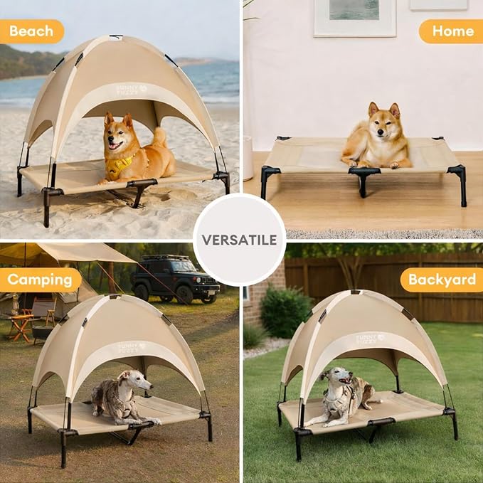 FUNNY FUZZY Elevated Dog Bed with Canopy,Khaki, X-Large (48"x36"x9") – Outdoor Raised Dog Cot with Shade, Cooling Breathable Mesh Pet Bed, Portable Waterproof Camping Bed for Large Dogs up to 120 lbs - Image 5