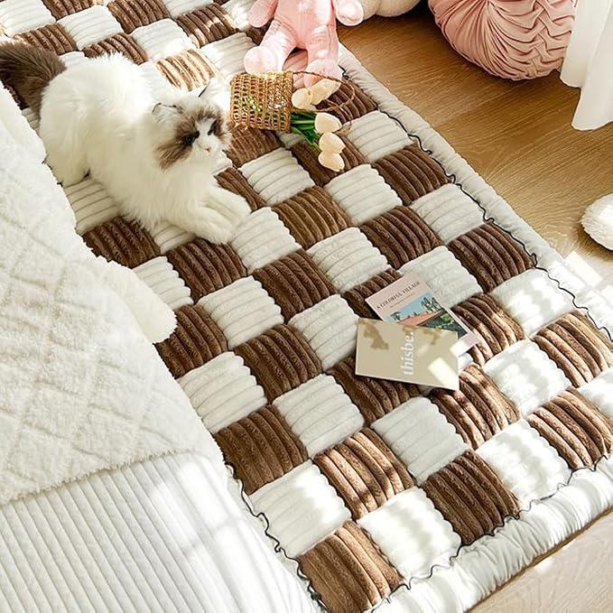 Fluffy Couch Cover for Pets - Large Cream-Coloured Fuzzy Plaid Square Pet Mat Bed Couch Cover Protector - Bay Window Cushion Bedside Carpet (Brown, 19.7 * 19.7in) - Image 4