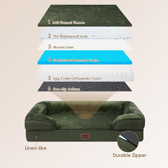 EHEYCIGA Orthopedic Extra Large Dog Bed, Waterproof Washable XL Pet Bed 44" | Non-Slip Bottom and Egg-Crate Memory Foam Big Dog Couch Bed with Washable Removable Cover, Dark Green, 44Inch - Image 2