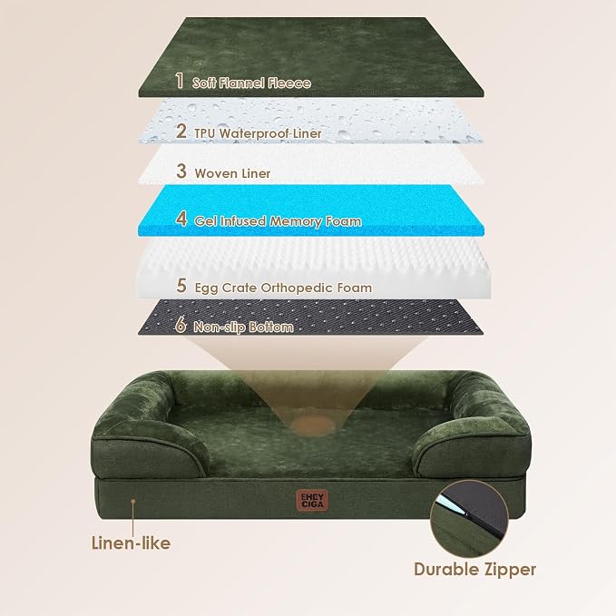 EHEYCIGA Orthopedic Dog Beds Large Sized Dog, Waterproof Washable Pet Bed | Non-Slip Bottom and Egg-Crate Memory Foam Dog Couch Bed with Washable Removable Cover, Dark Green - Image 5