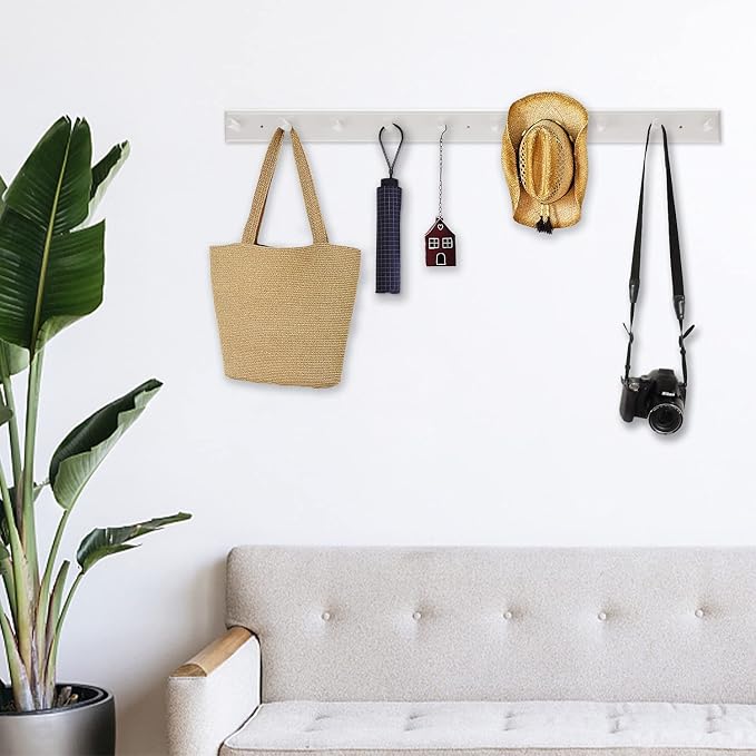 10 Hook Coat Rack Wall Mounted, Long 38 Inches Wooden Wall Coat Hanger with 10 Pegs, 16'' Hole to Hole Wall Coat Hooks for Hanging Towels, Hats, Backpacks, Clothing, Caps (White - Image 4