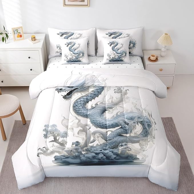 7 Pcs Dragon Comforter Set Queen Size, Mysterious Dragon Bed in a Bag with Top Sheet and Fitted Sheet for Kids and Adults, Dragon In The Clouds Bedding Set with Pillowcases & Shams(Queen,7-Piece) - Image 3
