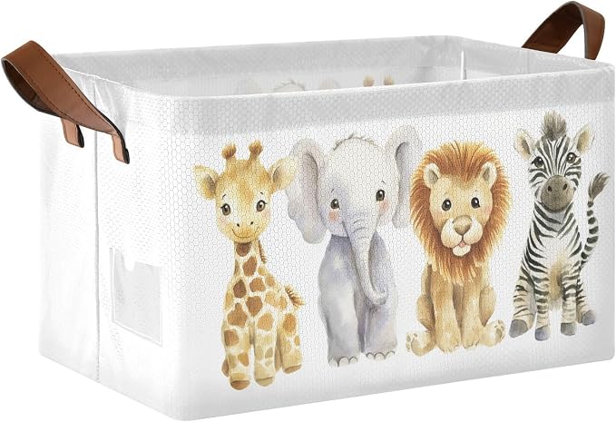 Watercolor Jungle Animal Cute Wildlife Storage Basket for Baby with Handles&Label Rectangular Waterproof Nursery Storage Bins Collapsible Organizer Baskets for Kids Cloth Gift Toys Laundry Shelf by Unknown