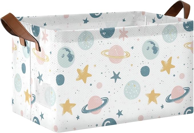 Cute Celestial Stars and Planet Baby Storage Basket with Labels&Handles Rectangular Waterproof Nursery Storage Bins Collapsible Shelf Organizer Baskets for Kids Books Cloth Gift Toys Laundry by Unknown