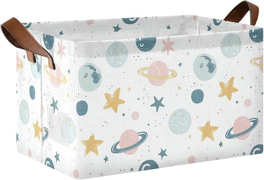 Cute Celestial Stars and Planet Baby Storage Basket with Labels&Handles Rectangular Waterproof Nursery Storage Bins Collapsible Shelf Organizer Baskets for Kids Books Cloth Gift Toys Laundry by Unknown