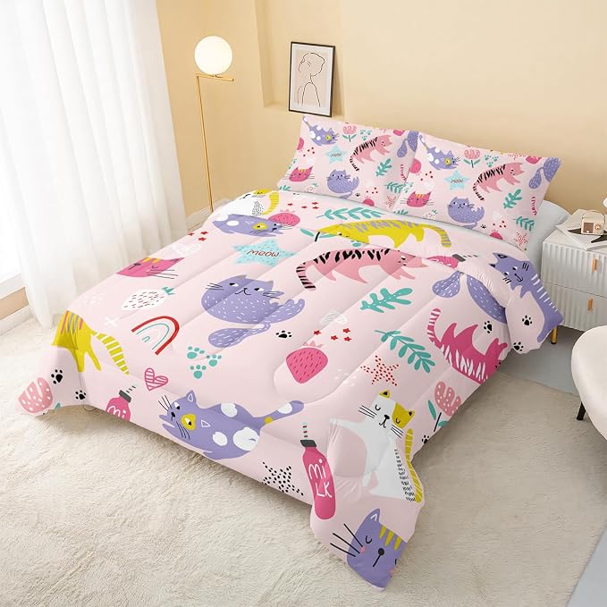 QOOMO Kawaii Cats Comforter Full Size,Pink Cats Kids Bedding Set,3Pcs Bedding Set Printed Comforter with 2 Pillowcases,Down Alternative,Soft and Lightweight,for All Seasons - Image 3