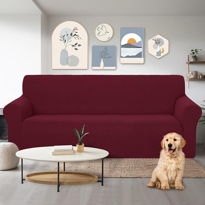 U-NICE HOME Stretch Couch Cover Slipcover for 3 Cushion Sofa, Burgundy | 1-Piece Sofa cover, Washable, Pet friendly, Furniture protector, Polyester Spandex Jacquard fabric - Image 2