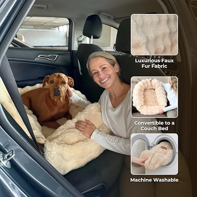 Pelsbarn Luxurious Cozy Car Bed - M/L Luxury Travel Dog Bed with Safety Belt - Ultra Soft Faux Fur - Beige