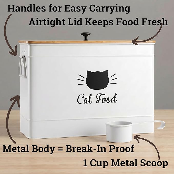 Metal Cat Food Container with Scoop, 15lb (50 Cup) w/ Airtight Bamboo Lid | 15 lb / 50 Cup Capacity, 1 Cup Metal Scoop, Durable Powder Coated Iron Body, Rubber Lined Bamboo Lid, Sturdy Metal Handles - Image 2