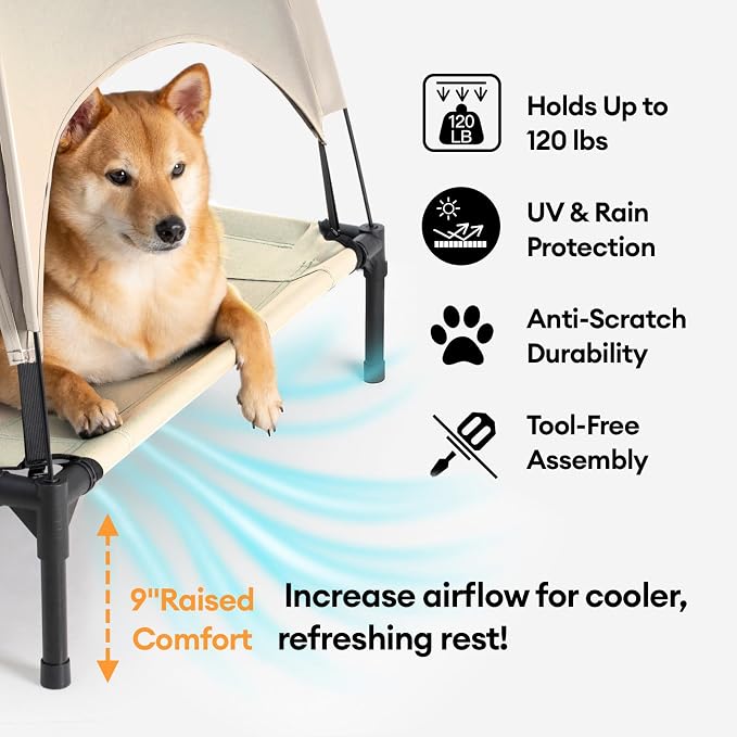 FUNNY FUZZY Elevated Dog Bed with Canopy for Large Dogs up to 120 lbs– Raised Dog Cot Bed with UV Shade,Waterproof,Breathable Mesh,Outdoor & Indoor Use,Portable,Khaki(36"×30"×7") - Image 2
