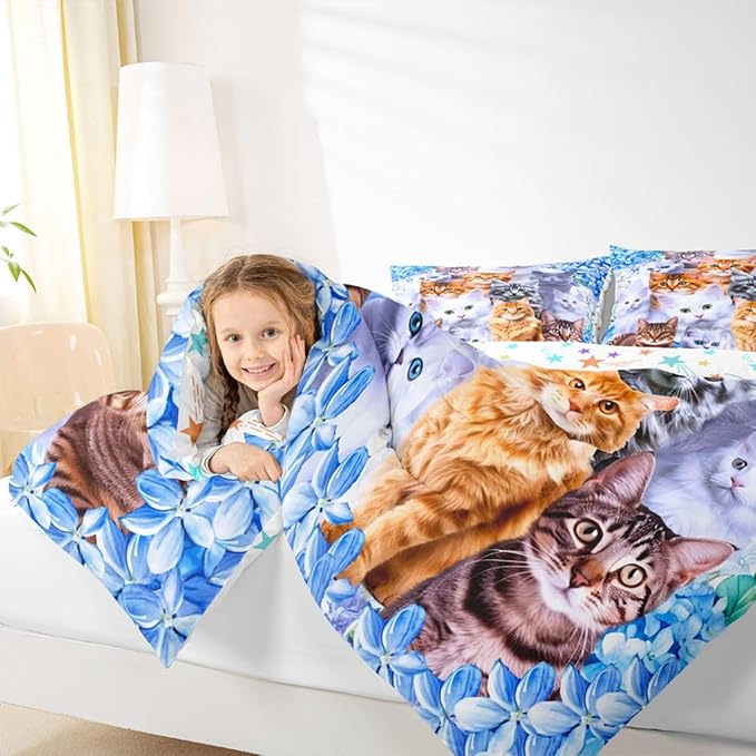 Kids Cute Cat Comforter Cartoon Pet Cats Toddler Bedding Set for Children Boys Girls Cute Kitten Print Comforter Set Cat Lover's Animal Themed Design Soft Quilt Set Bedroom Collection 3Pcs King Size - Image 6