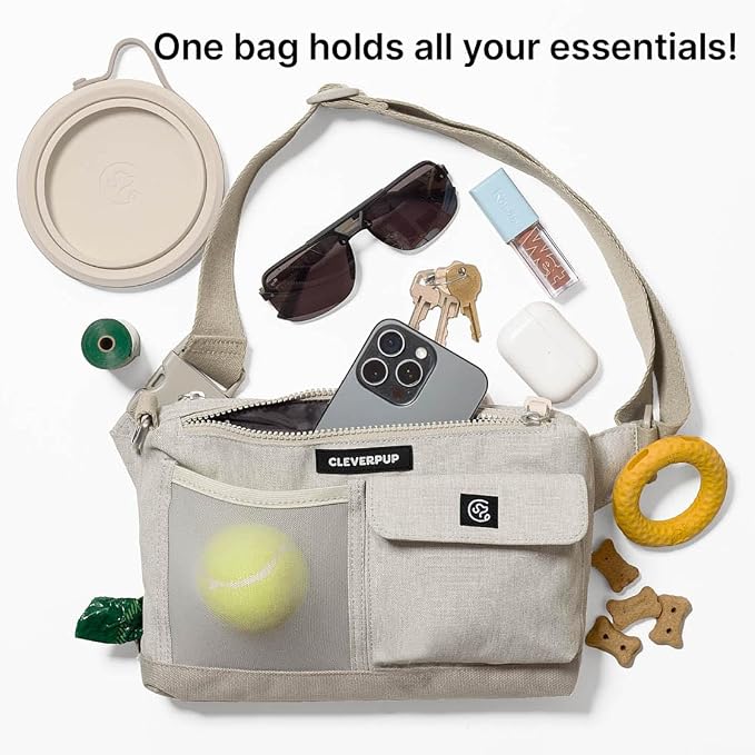Cleverpup Dog Walk & Train Sling Bag - Hands-Free Dog Walking & Training Bag with Treat Pouch, Poop Bag Holder & Phone Pocket - Crossbody or Fanny Pack, Adjustable Strap - Sand - Image 2