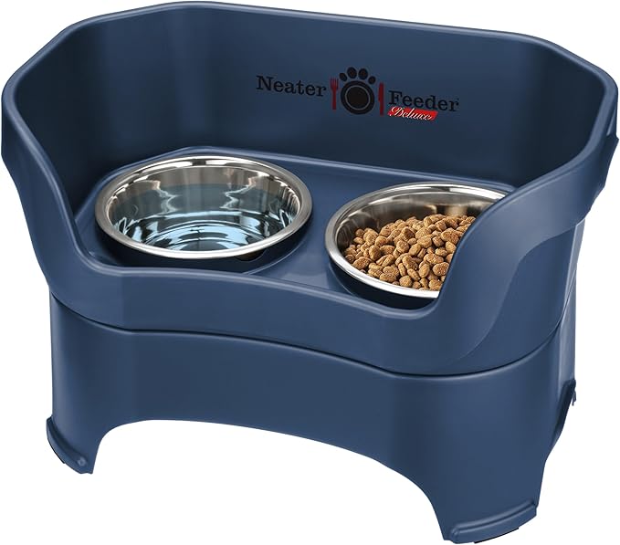 Neater Pet Brands Neater Feeder Deluxe Mess Proof Dog Bowls Elevated for Large Dogs Over 40 lbs, Made in USA, No Spill Raised Dog Food Bowl Stand Feeding Station, Food and Water Bowl Set, Dark Blue by NeaterPetBrands