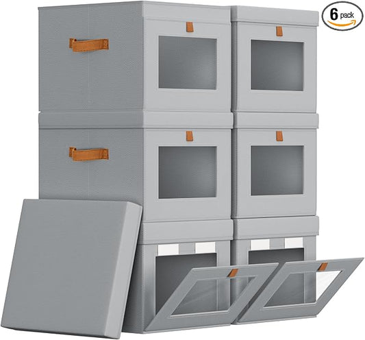 Homsorout Storage Bins with Lid – Closet Organizer with Side Opening and Clear Window, Foldable Stackable Fabric Basket for Clothes, Home, Office - 13.77" x 11.8" x 9.8", 6 Pack, Grey by Homsorout