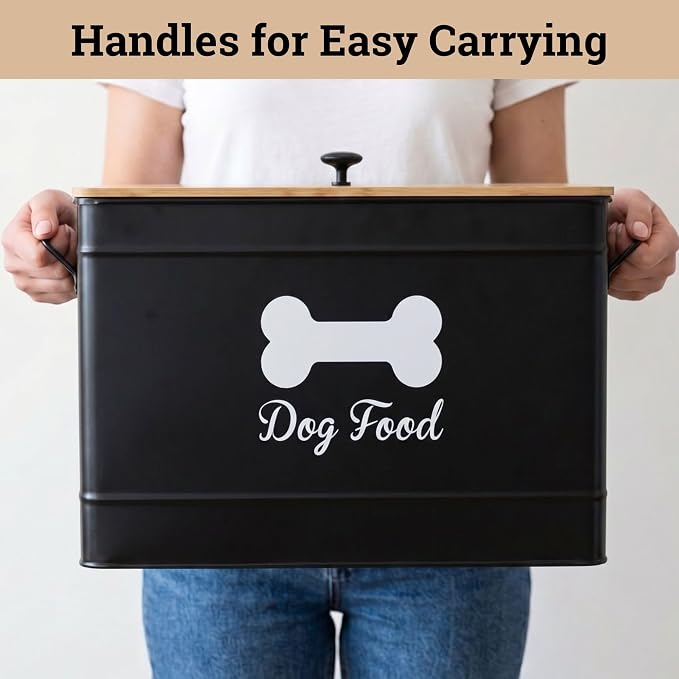 Metal Dog Food Container 15-20 lbs w/ Airtight Bamboo Lid, 70 Cup Capacity | Pet Jar For Dogs up to 100lbs, Airtight Bamboo Lid, Sturdy Comfortable Metal Handle, Powder Coated Iron, Kibble Storage Bin - Image 8