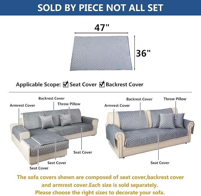 Eismodra Couch Cover,Sectional Couch Covers,Sofa Covers for 3 Cushion Couch,Anti-Slip Sofa Slipcovers for Dogs Cats Kids Loveseat Recliner L Shaped Armrest Backrest,Light Gray 36''x47''(Only 1 Piece) - Image 5