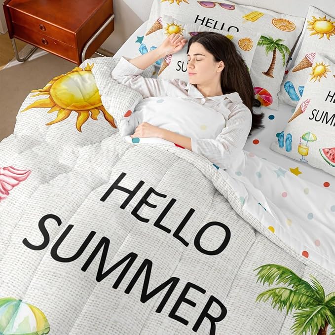 Erosebridal Kids Tropical Beach Comforter Set with Sheets King, Watercolor Coconut Tree Bed in A Bag for Girls Boys Teens Women Bedroom, Summer Fruit Watermelon 7 Pcs Bedding Set, Ice Cream Bed Sets - Image 7