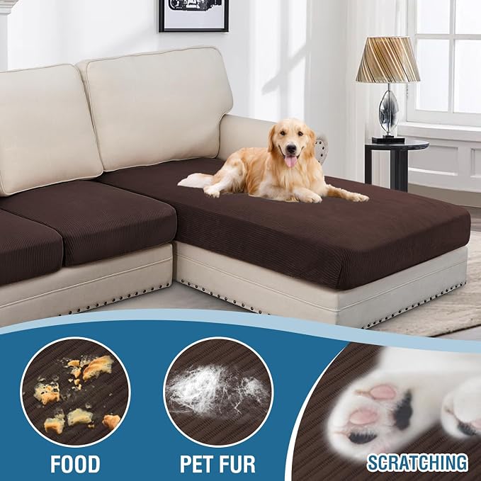 H.VERSAILTEX Velvet Stretch Sectional Couch Covers - 4 Pieces Sofa Seat Cushion Covers L Shape Separate Cushion for Both Left/Right Couch (Large Sofa 3 Seater + 1 Chaise, Brown Striped) - Image 3