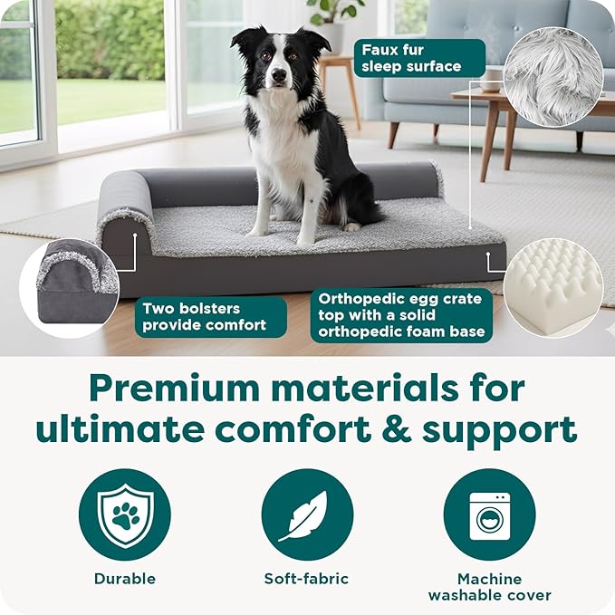 Furhaven Orthopedic Dog Bed for Large Dogs w/ Removable Bolsters & Washable Cover, For Dogs Up to 95 lbs - Plush & Velvet L Shaped Chaise - Deep Sapphire, Jumbo/XL - Image 4