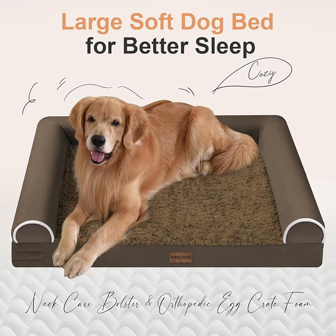 NANUYA Orthopedic Dog Bed for Large Dogs, 38 x 25 Inch, Dark Coffee | Egg crate foam for joint support, 3-sided bolster pet sofa, waterproof lining, washable cover, and non-skid base - Image 2