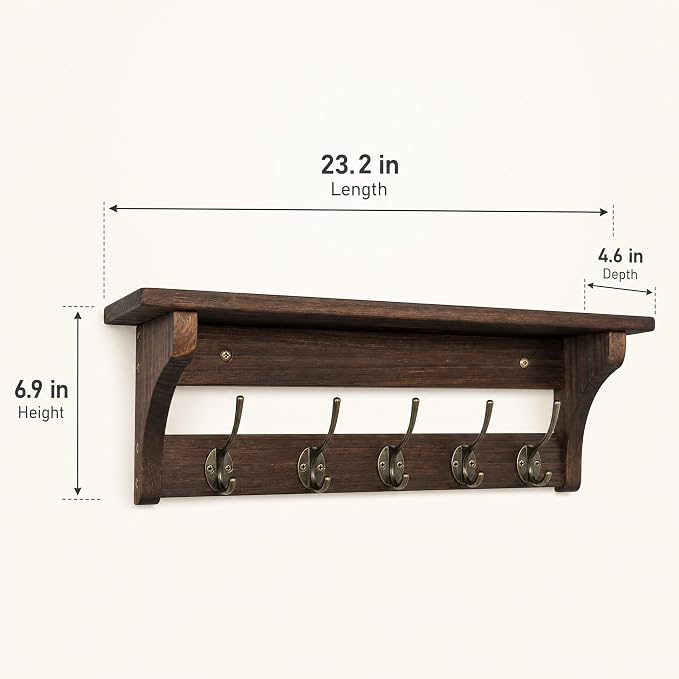 Wall Mounted Coat Rack with Shelf, Solid Wood & Metal Hooks – 23.2 Inch Entryway Organizer with 5 Hooks for Hanging Coats, Hats, Bags, Keys, Rustic Brown for Hallway, Bedroom, Bathroom（23.2 Inch） - Image 5