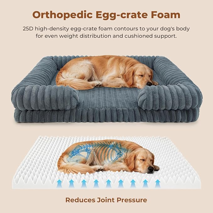 Orthopedic Dog Bed for Large Sized Dog, Washable Waterproof 25D Egg Crate Foam Dog Beds with C-Shape Bolster Support, Large Pet Bed for Senior Dogs with Removable Cover and Non-Slip Bottom - Image 3