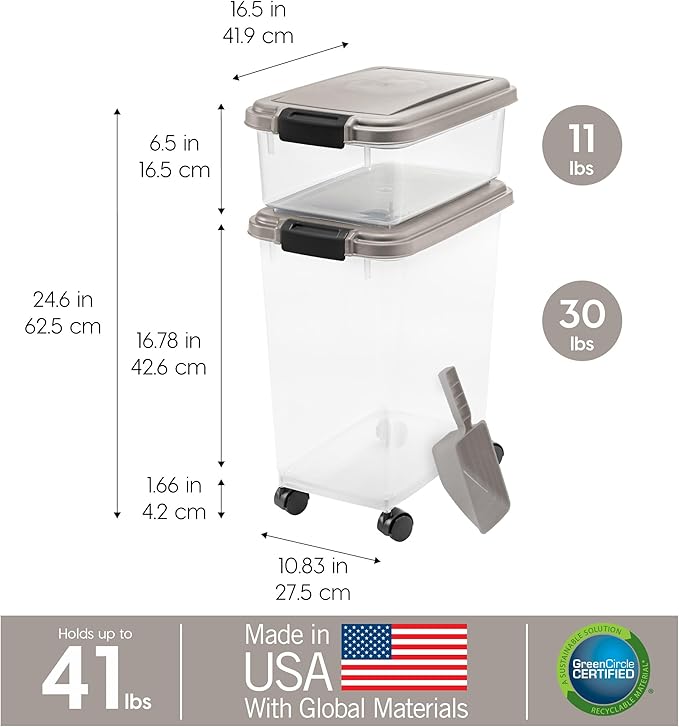 IRIS USA Airtight Dog Food Storage Container Combo, 30 lb & 11 lb Bin | Stackable food storage system includes scoop and wheels to keep kibble, treats, and pet food fresh and organized. - Image 3
