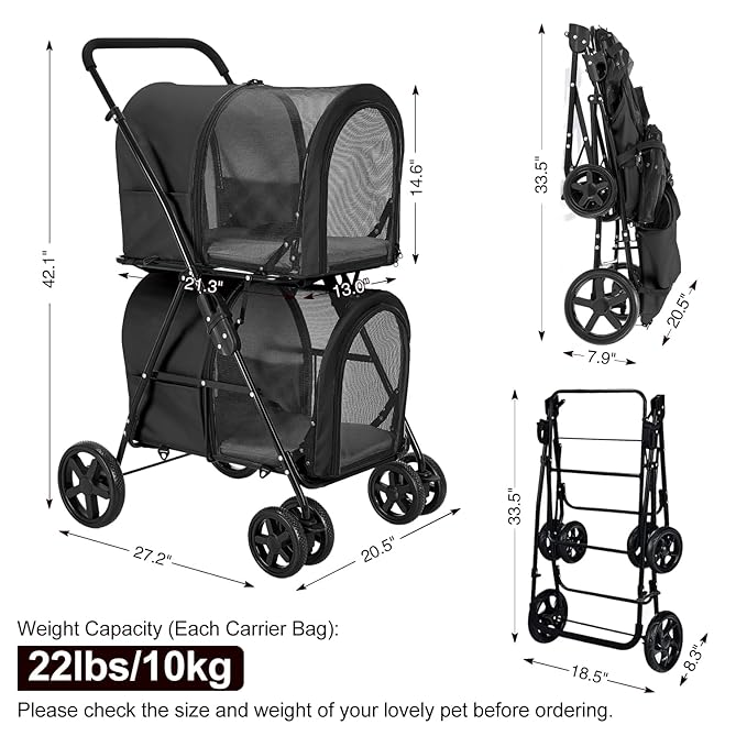 Double Pet Stroller for Dogs and Cats with 2 Detachable Carrier, Quick-Folding Dog Stroller for Medium Small Dogs Cats, 4 Wheels, Black