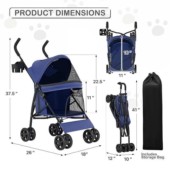 MoNiBloom 4 Wheels Pet Stroller, Easy-Fold Puppy Cage Jogger Stroller with Sun Cover, Pad and Rear Storage Bag, Breathable and Visible Mesh for Small/Medium Pets up to 22 lbs, Navy Blue