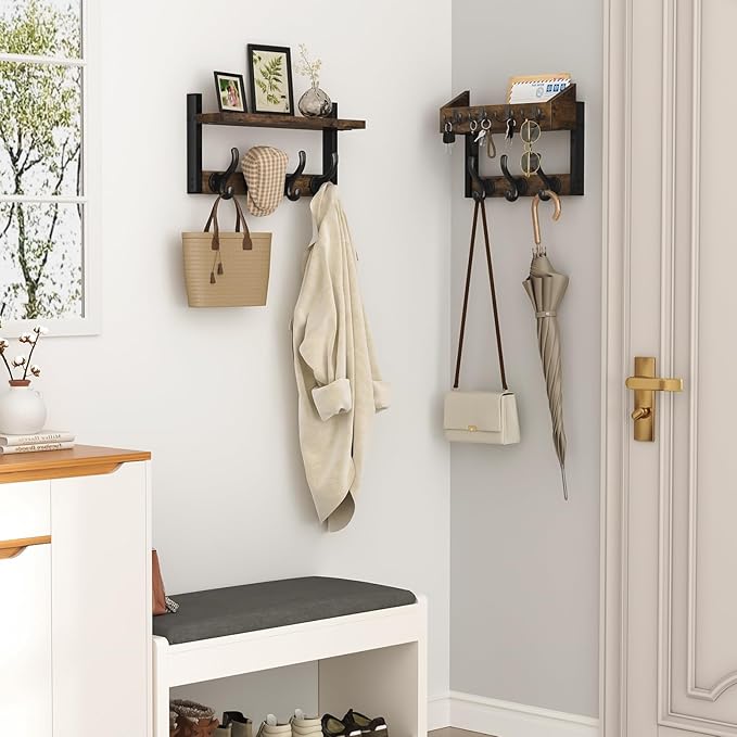 Evermagin 29" Coat Rack Wall Mount with Shelf for Entryway, Rustic Brown | Wall Mounted Coat and Key Rack with Hooks, Key Holder with Mail Organizer for Wall, Living Room, Mudroom, Bedroom - Image 2