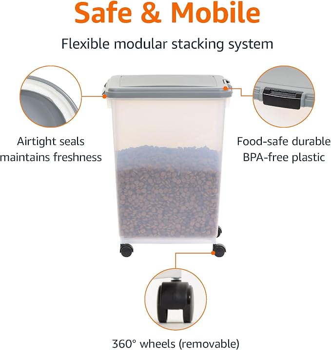 Amazon Basics Airtight Pet Food Storage Container with Scoop, BPA Free, Removable Wheels, 69 QT, Gray - Image 2