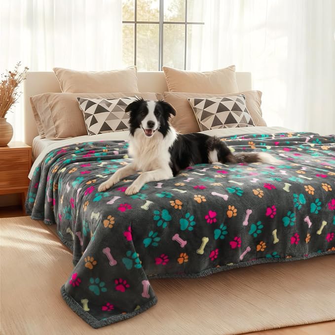 Luciphia Waterproof Dog Blanket Reversible Sherpa Fleece for Large Dogs Cat | Soft Print Pet Blanket Washable Pee Proof, Furniture Protector for Couch Sofa Bed Car, Cozy Throw Queen(90" x 82", Grey Bone) by luciphia