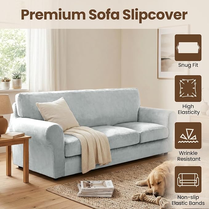 XINEAGE 3-Piece Velvet Loveseat Sofa Cover,Couch Covers for Dog,Silver Gray | 2 Cushion Loveseat,Stretch Non-slip Elastic, Pet-friendly, Washable, Fast Setup, Soft Plush Fabric, Furniture Protector. - Image 2