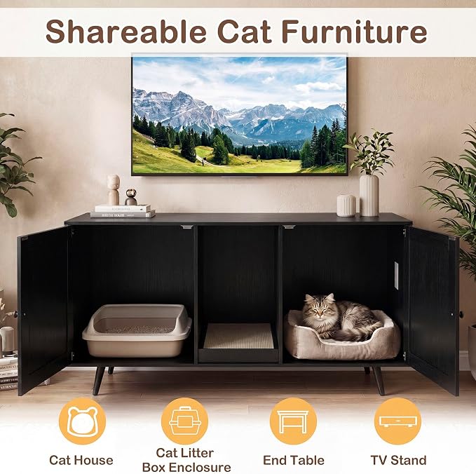 Tangkula Double Cat Litter Box Enclosure, Large Hidden Wooden Cat Cabinet for 2 Cats with Scratching Pad, Double Rooms, Versatile TV Stand Side Table for Indoor Living Room - Image 6