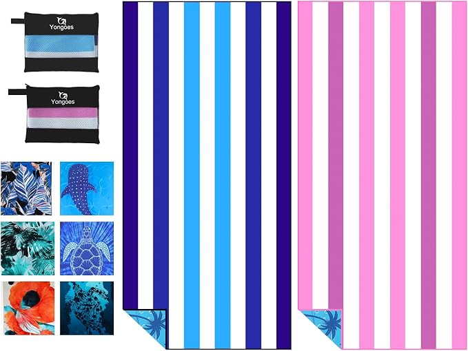 Yongoes 2 Pack Microfiber Beach Towels Oversized 71x32 Blue Pink Striped | Thin & Lightweight, Sand Free, Super Absorbent Quick Dry Large for Pool Swim Bath Travel Vacation Accessories Essentials by Yongoesbeachtowel