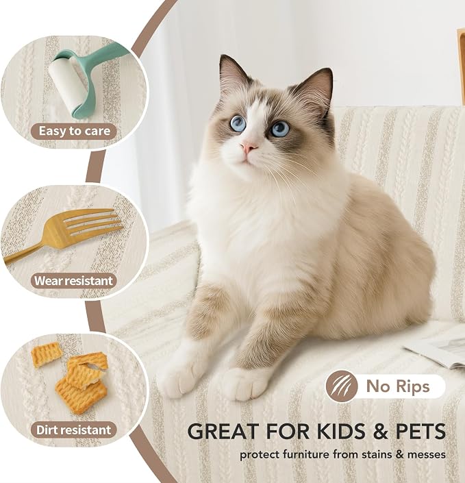 Couch Cover for Sofa, Boho Sofa Covers Washable 3 Cushion for Dogs | Chenille Sofa Slipcover for Pet, L-Shape Sectional Furniture Cover Soft Blanket Loveseat Protector, Striped Beige, 71"x118" - Image 3