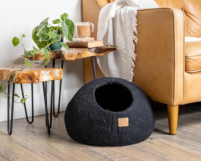 Handcrafted Wool Cat Cave Bed - Perfect Hideaway for Your Feline Friend - Quiet/Warm for Sleeping & Relaxing - Love Your Pet Dog or Cat - 100% Organic Felt - Ethically Sourced (Black) - Image 2